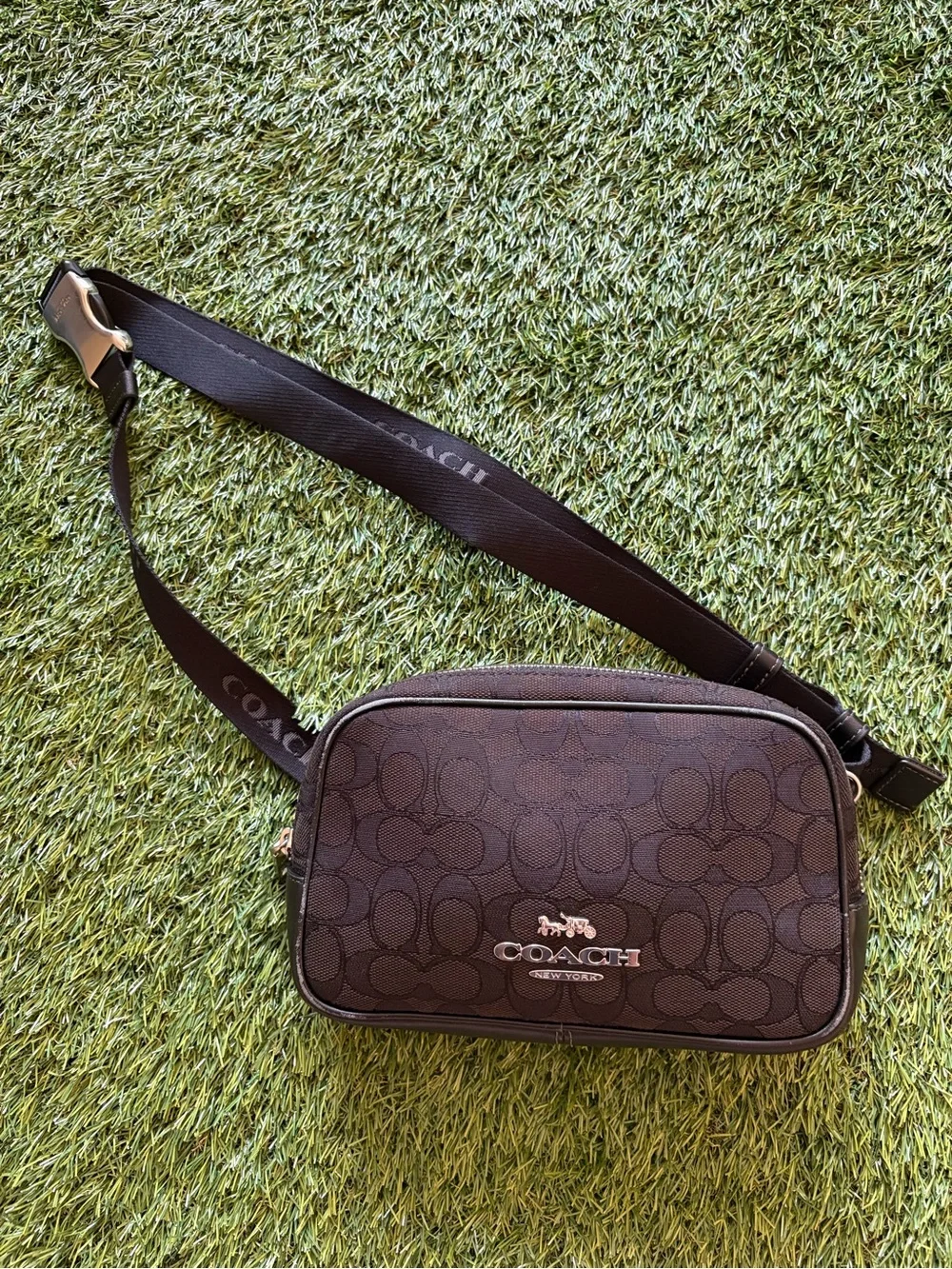 Coach Brown Signature Crossbody Bag with Black Strap